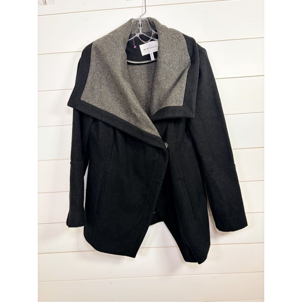 BCBGeneration Women's Wool Blend Knit Trim Trench Coat Black Gray Size Medium